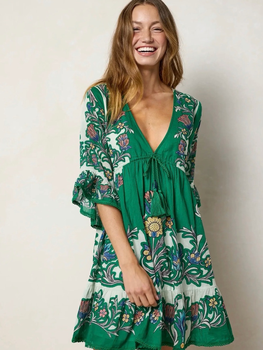 🔘NATURAL LIFE Green Floral V-Neck Tassel dress